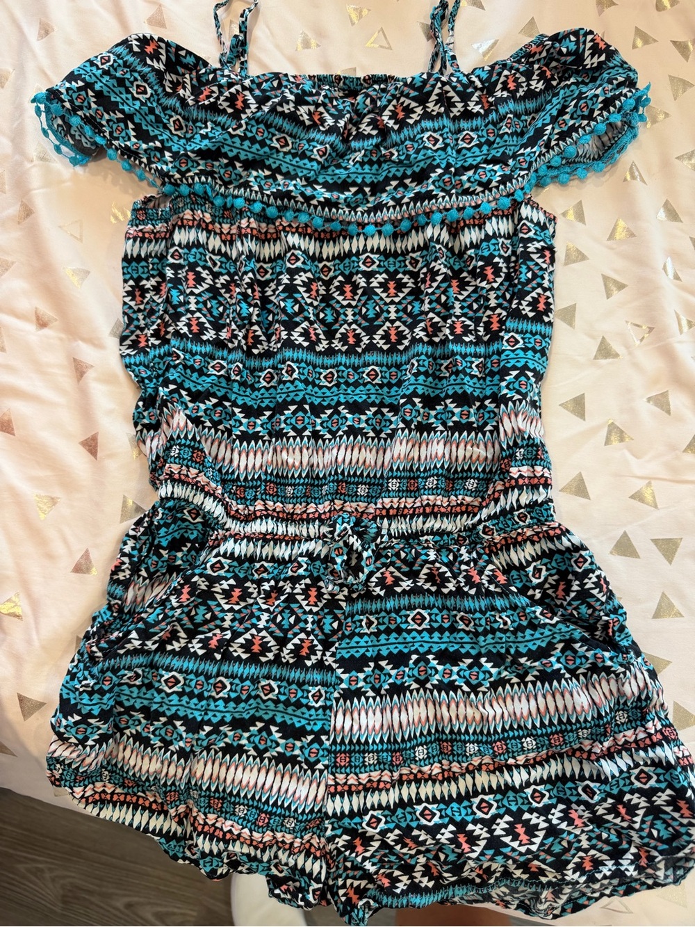 Girls Off-Shoulder Printed Romper in Teal, Coral & Black